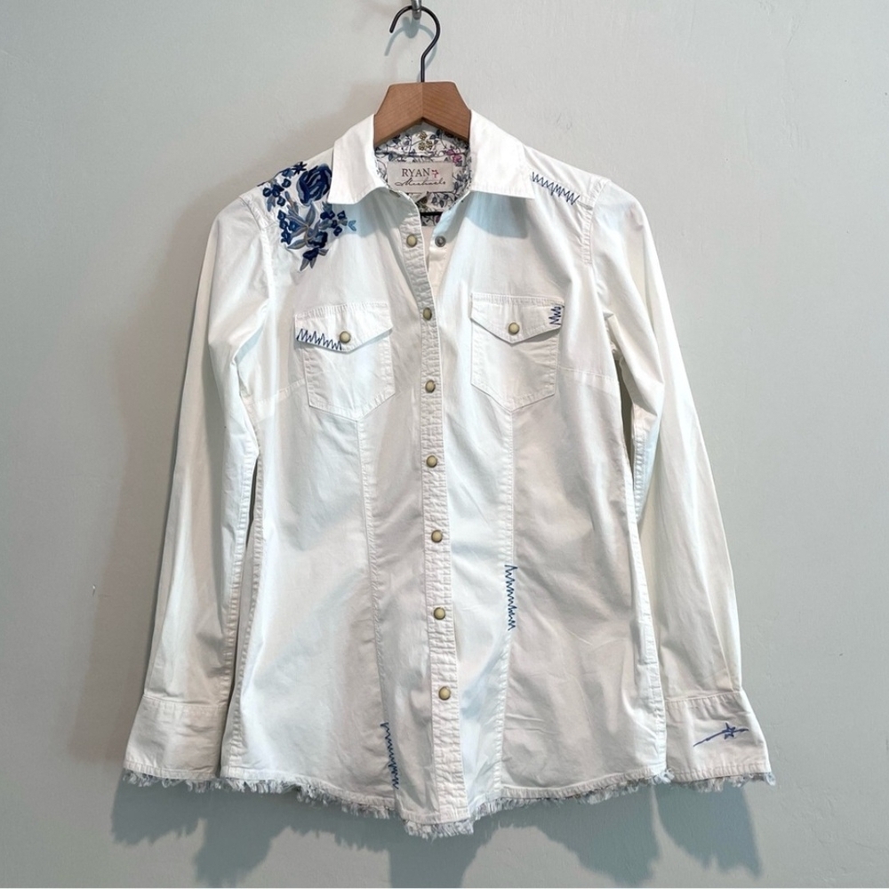 Ryan Michael Women's White Button Down Shirt with Blue Embroidery H1028a